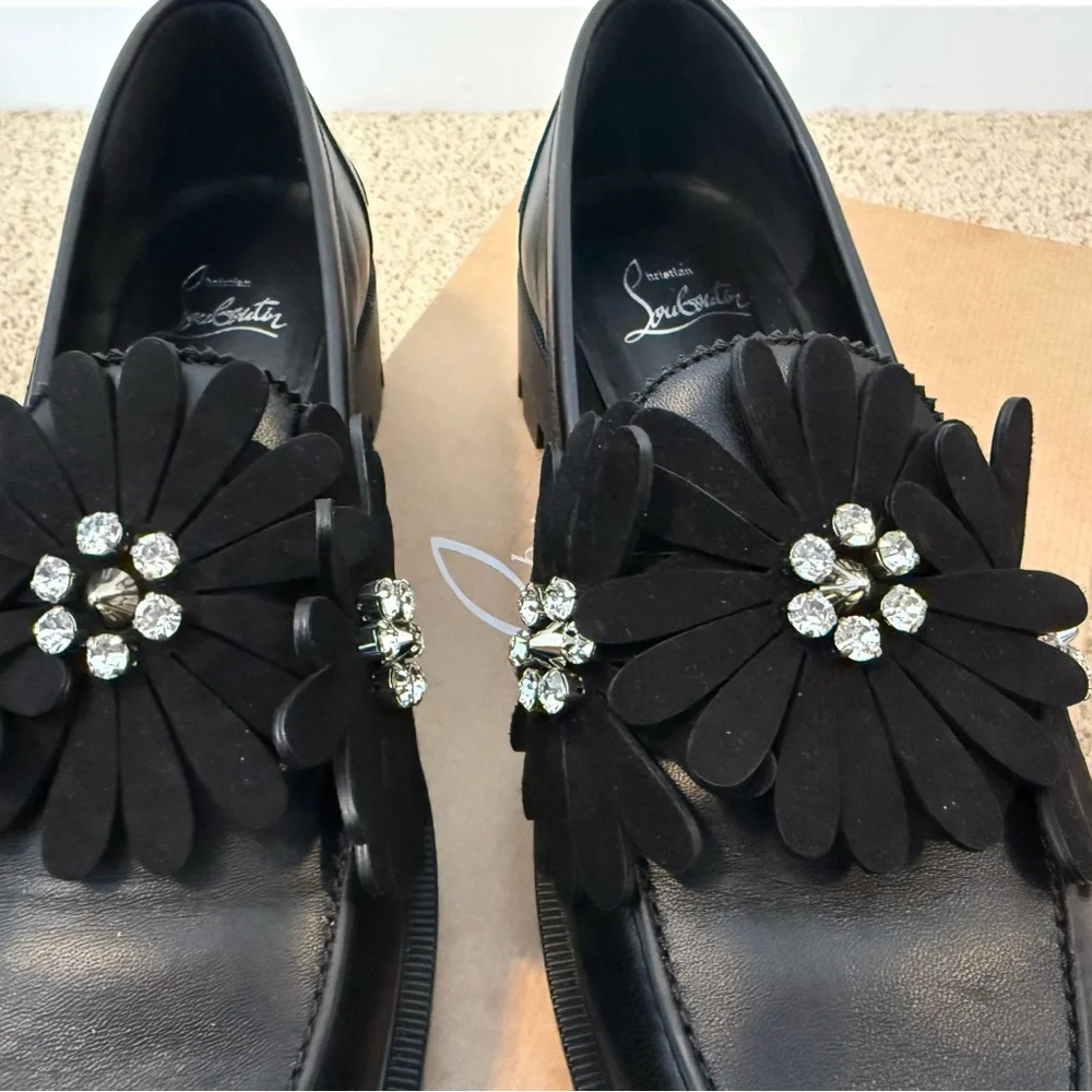 Christian Louboutin Black Loafers with Floral Embellishments - Picture 9 of 11